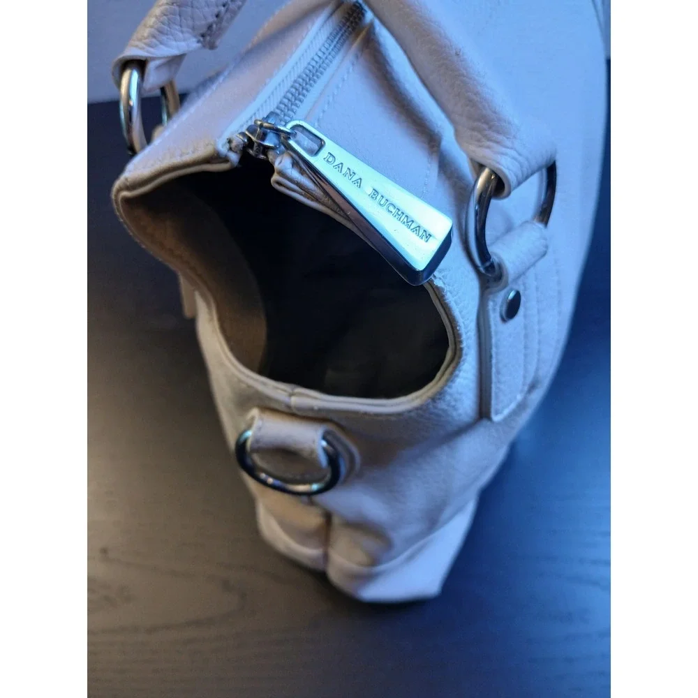 Dana Buchman Cream Pebbled Vegan Leather Satchel Tote Handbag Silver Hardware